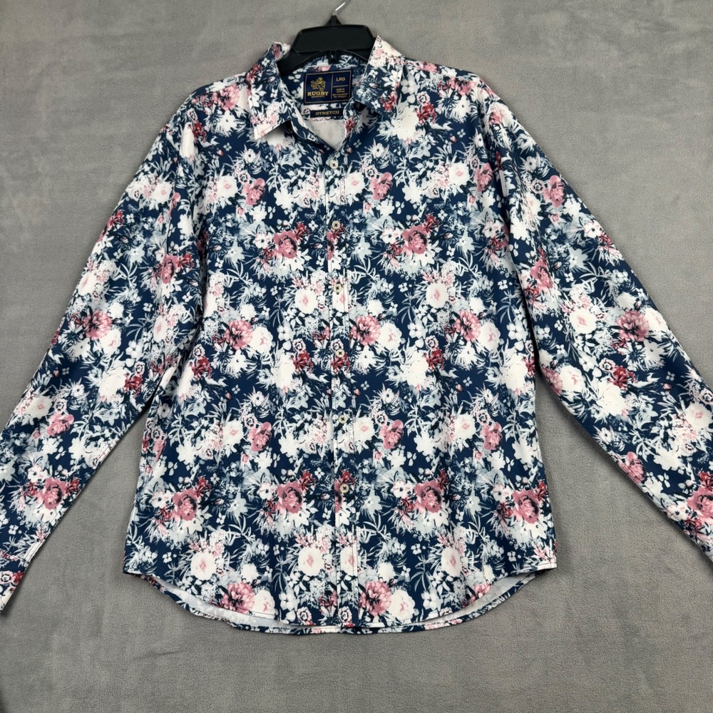 Rugby University Mens Large Floral Button Down Shirt Navy Pink Stretch LRG